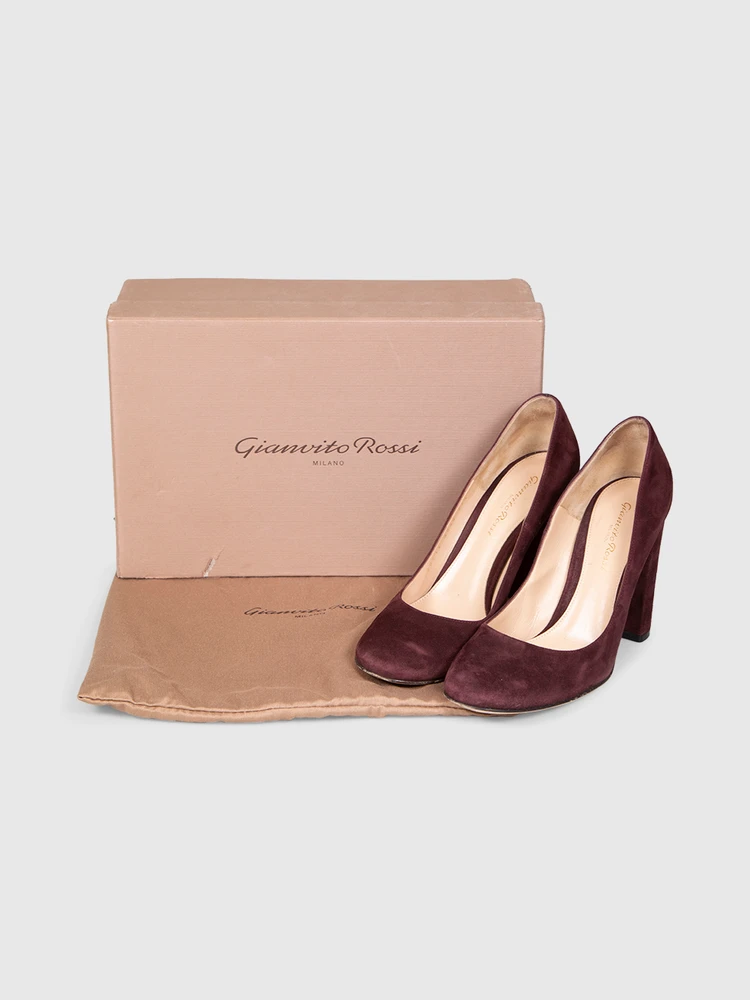 Gianvito Rossi Burgundy Suede Round Toe Pumps