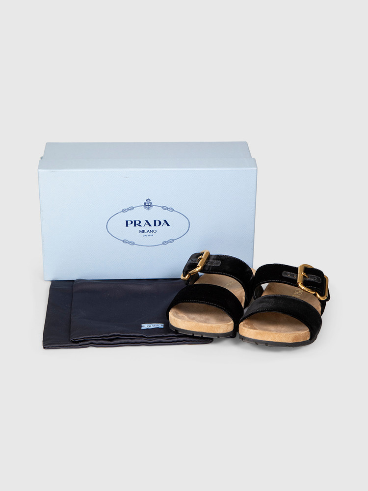 Prada Black Velvet Buckle Slides