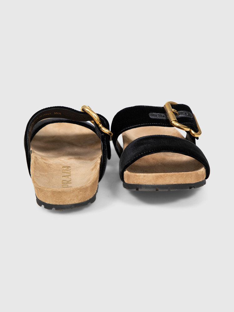 Prada Black Velvet Buckle Slides