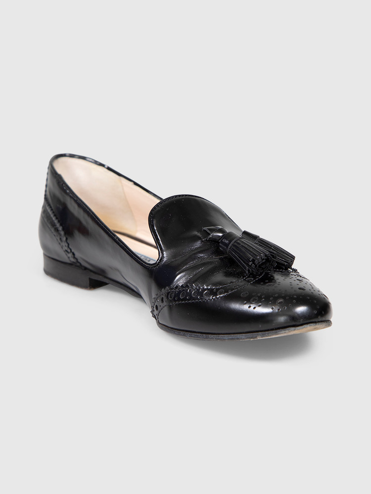 Prada Black Leather Tassel Accents Loafers