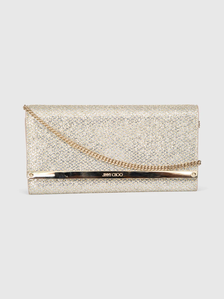 Jimmy Choo Gold Glitter Fabric Milla Chain Clutch