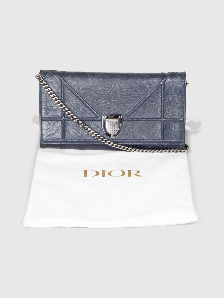 Dior 2016 Blue Crinkled Leather Diorama Wallet on Chain