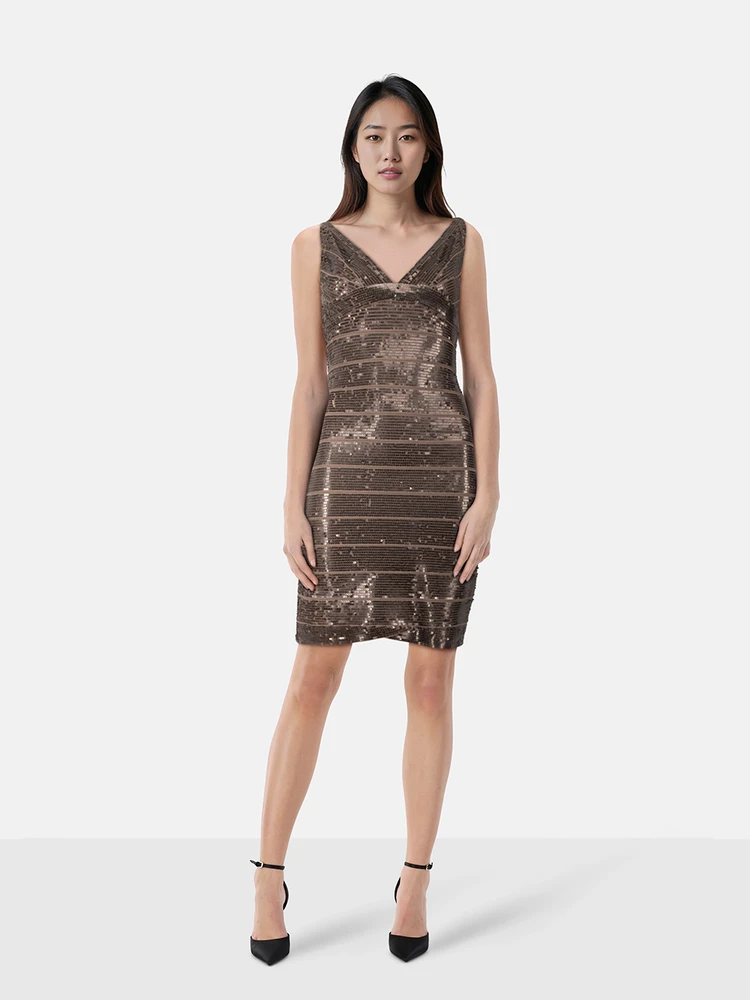 Herve Leger Bronze Sequin Bandage Dress