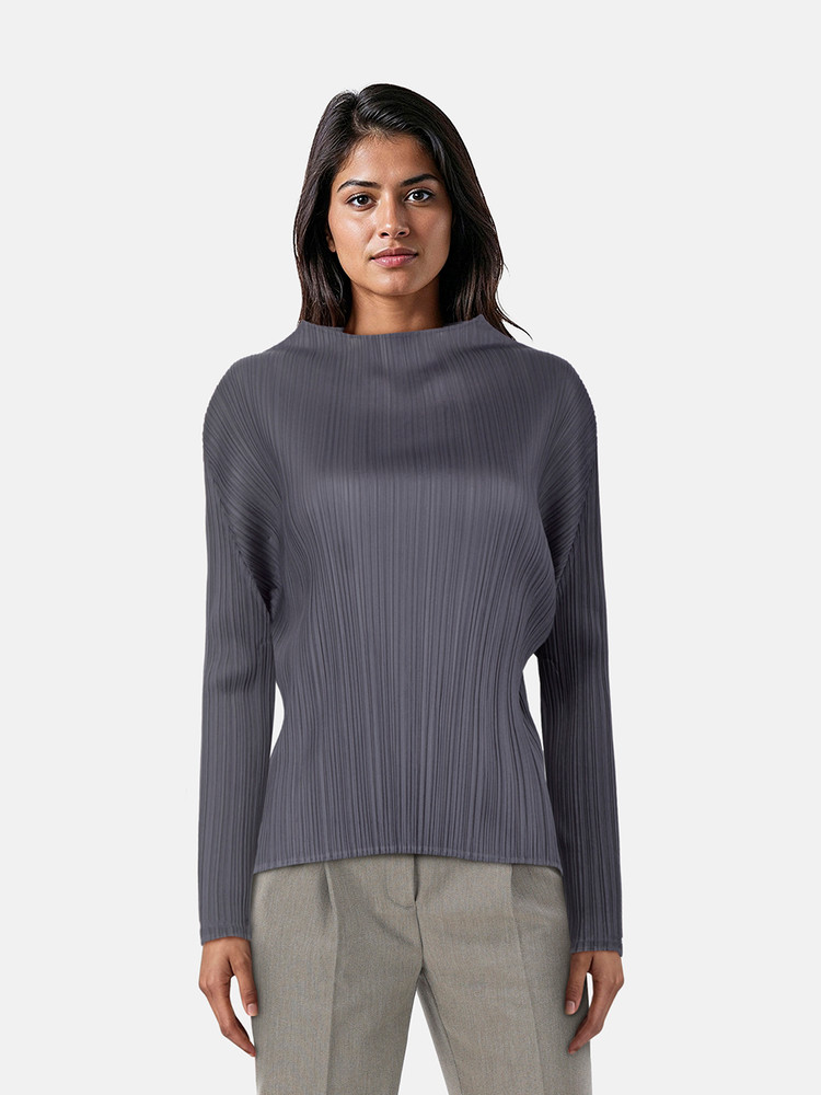 Issey Miyake Grey Pleated Mock Neck Top