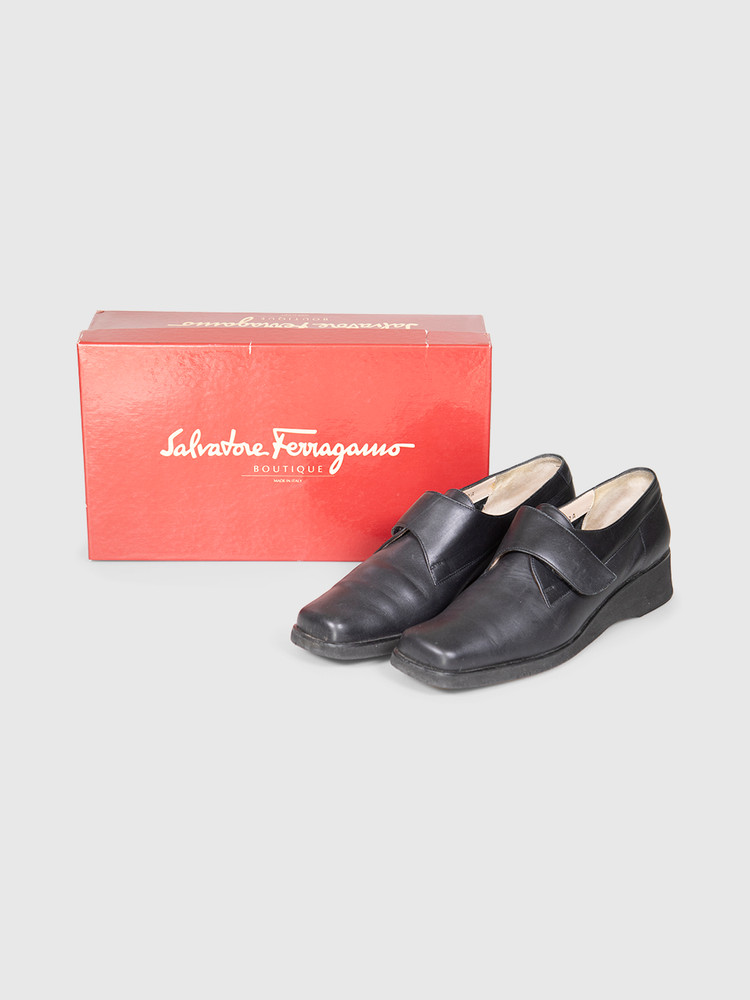 Salvatore Ferragamo Vintage Black Square Toe Loafers
