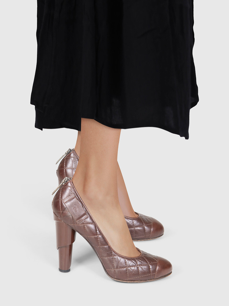 Chanel Brown Quilted Leather Sculpted Heel Pumps