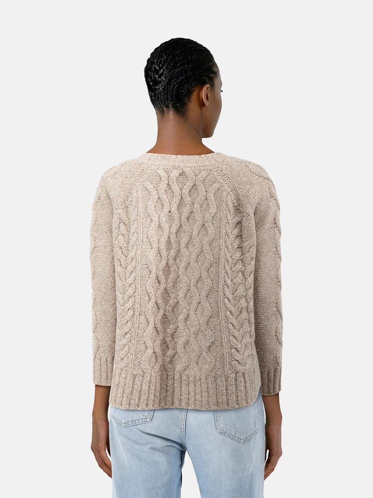 Max Mara Beige Wool Cable Knit V-Neck Jumper