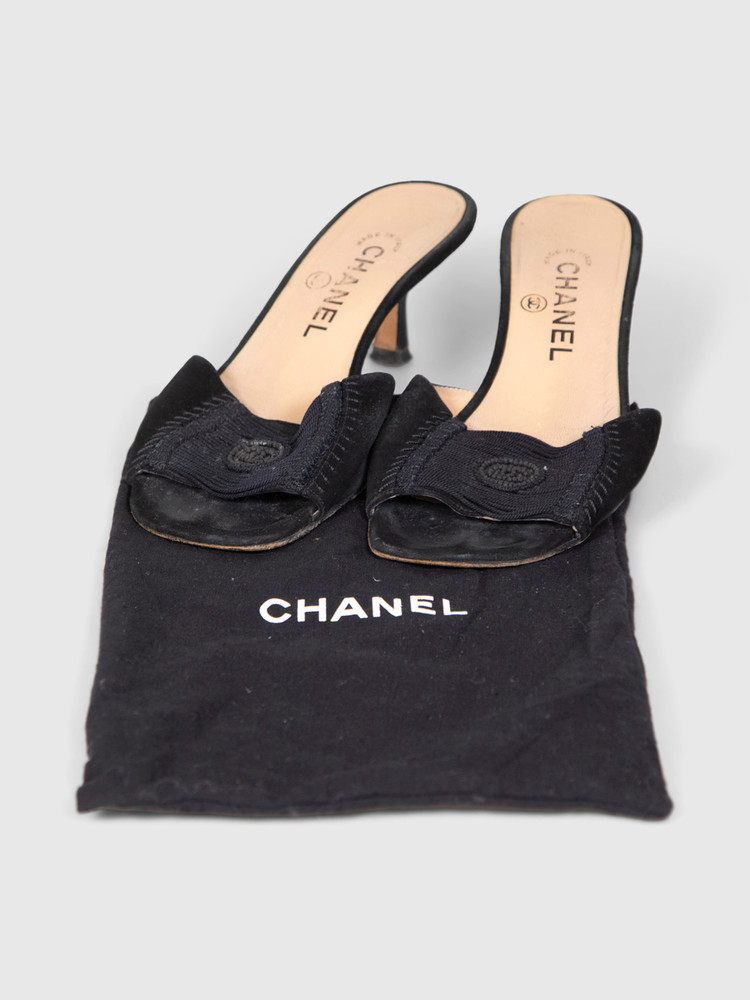 Chanel Black Suede CC Kitten Mules