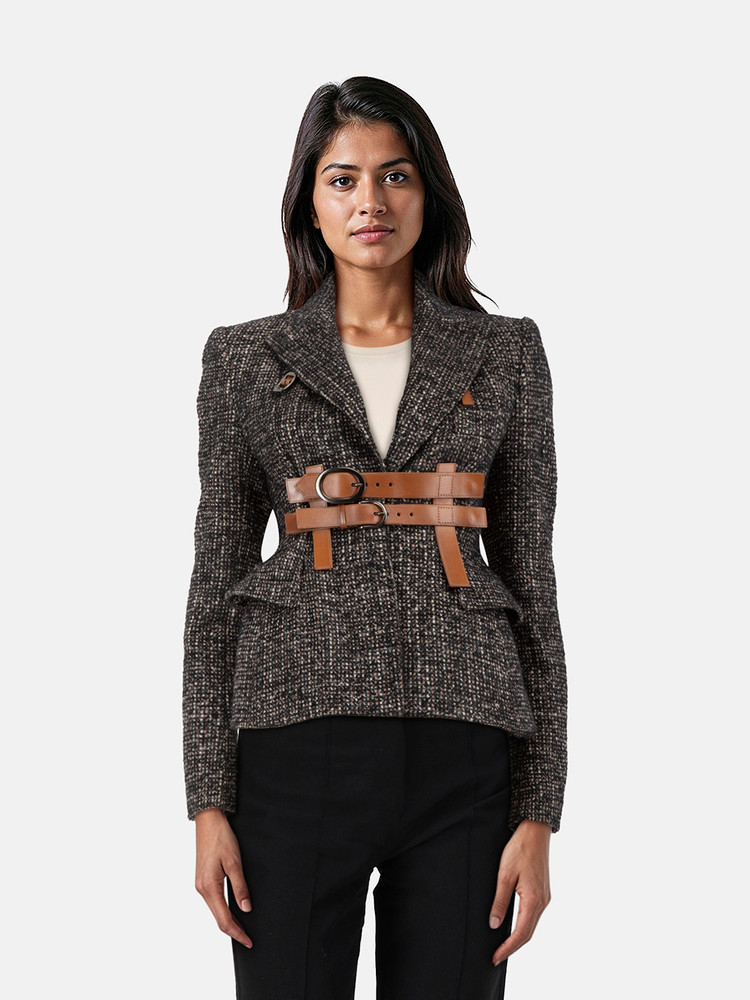 Tom Ford Fall 2016 Grey Wool Tweed Belted Blazer