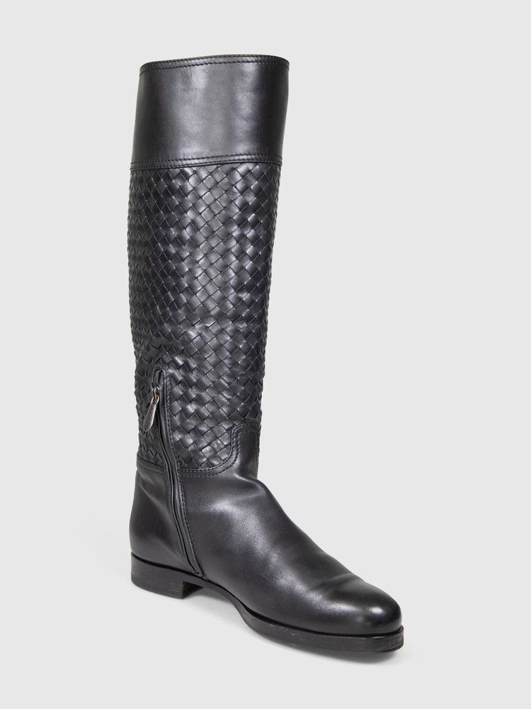 Bottega Veneta Black Intrecciato Knee High Boots