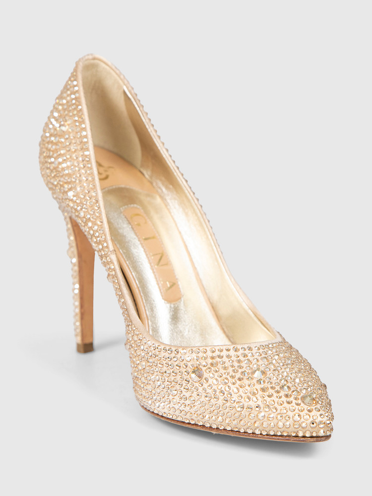 Gina Gold Satin Crystal Embellished Pumps