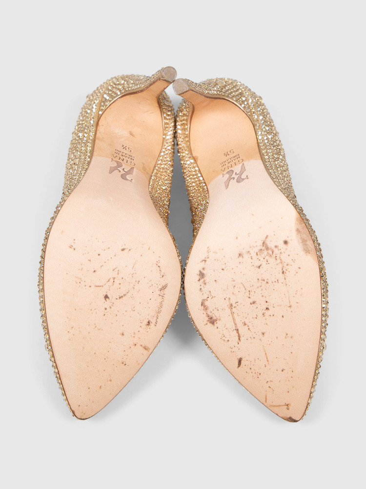 Gina Gold Satin Crystal Embellished Pumps