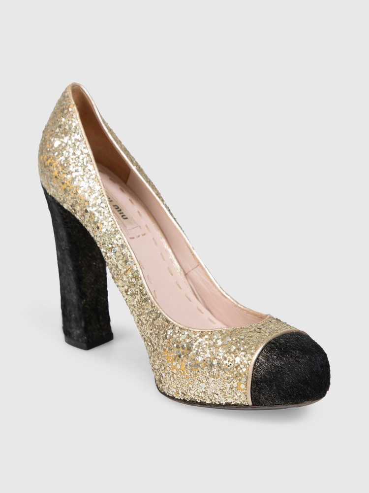 Miu Miu Gold Glitter & Calfskin Pumps