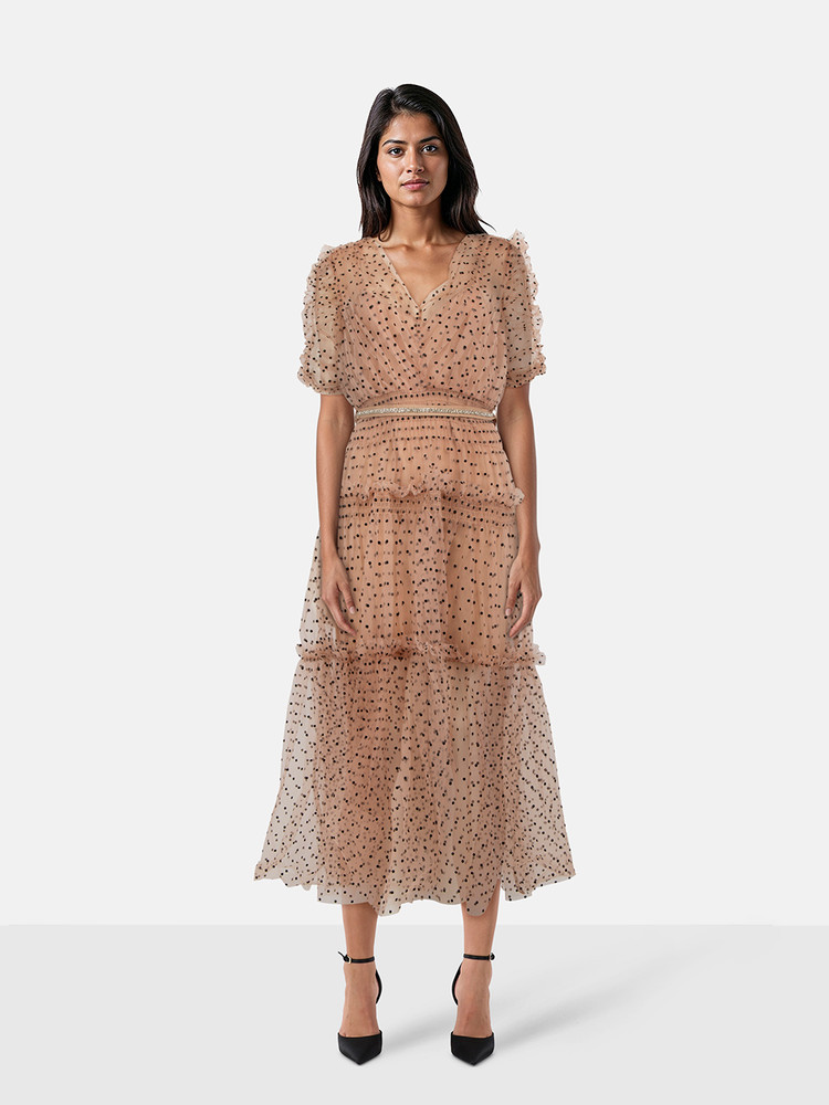 Self-Portrait Nude Dot Mesh Midi Dress