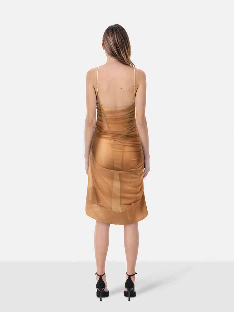 Mugler Beige Sheer Draped Corset Dress