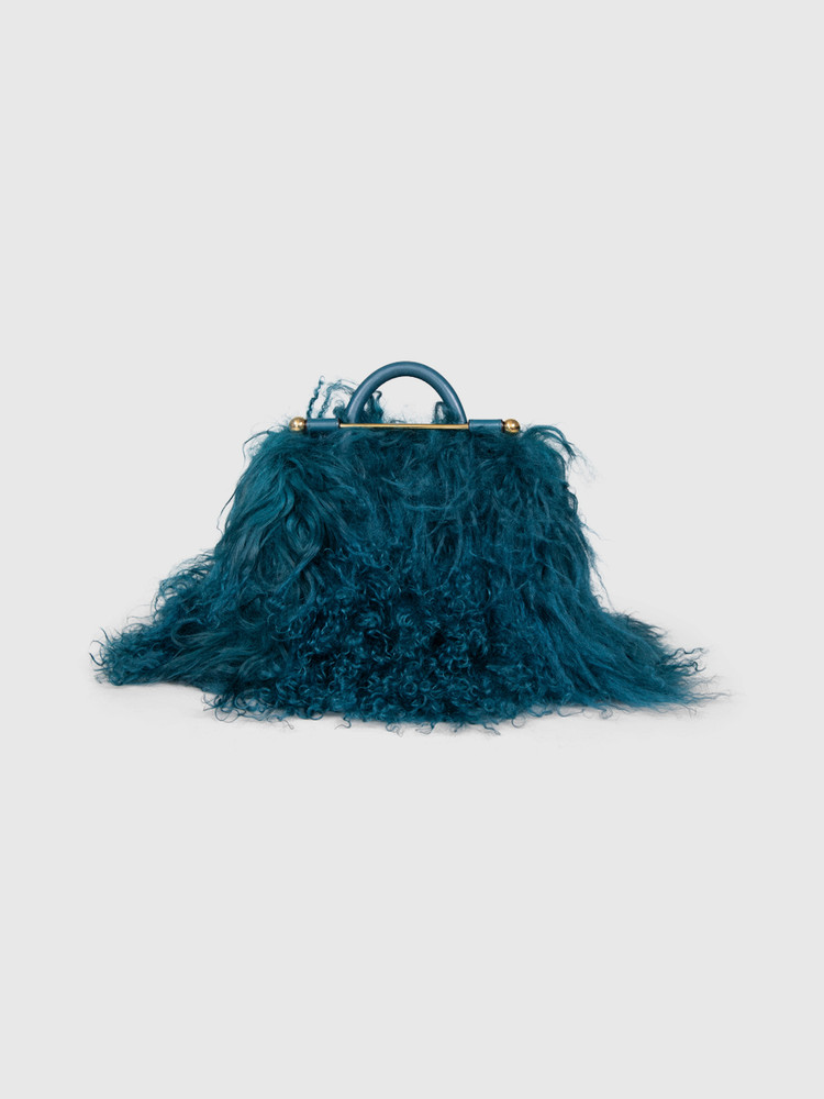 Strathberry Teal Mongolian Long Shearling Fur Bag