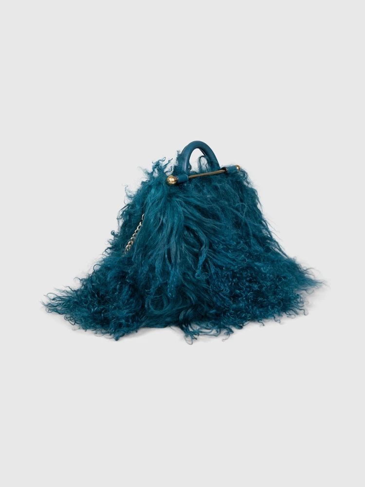 Strathberry Teal Mongolian Long Shearling Fur Bag