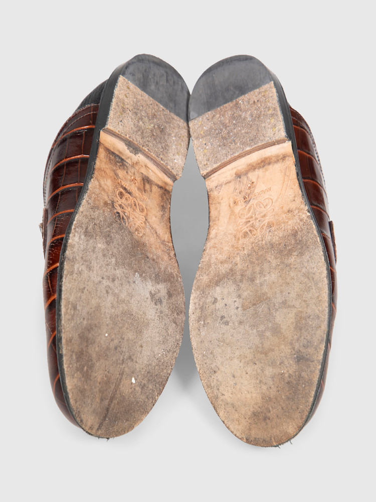 Loewe Brown Leather Croc Embossed Collapsible Loafers
