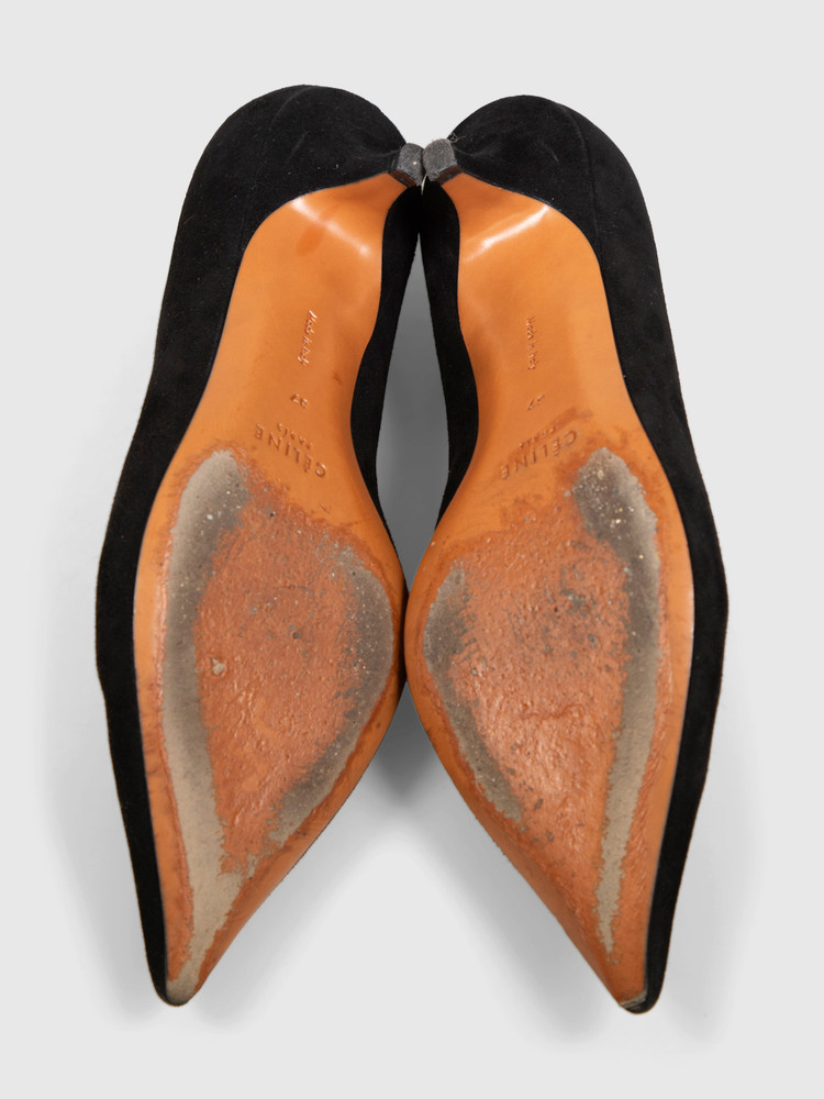 Céline Black Suede V-Neck Kitten Pumps