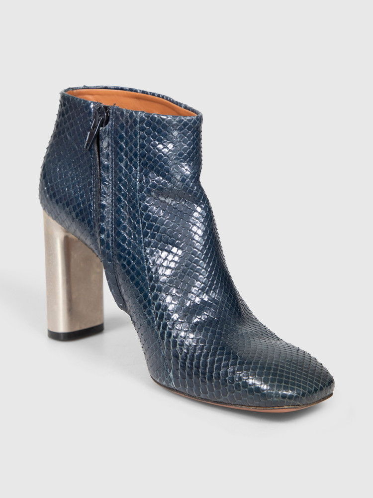 Céline Navy Snakeskin Square Toe Boots