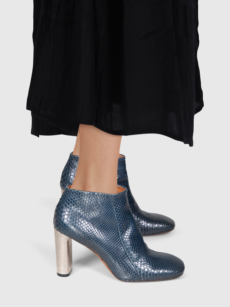 Céline Navy Snakeskin Square Toe Boots