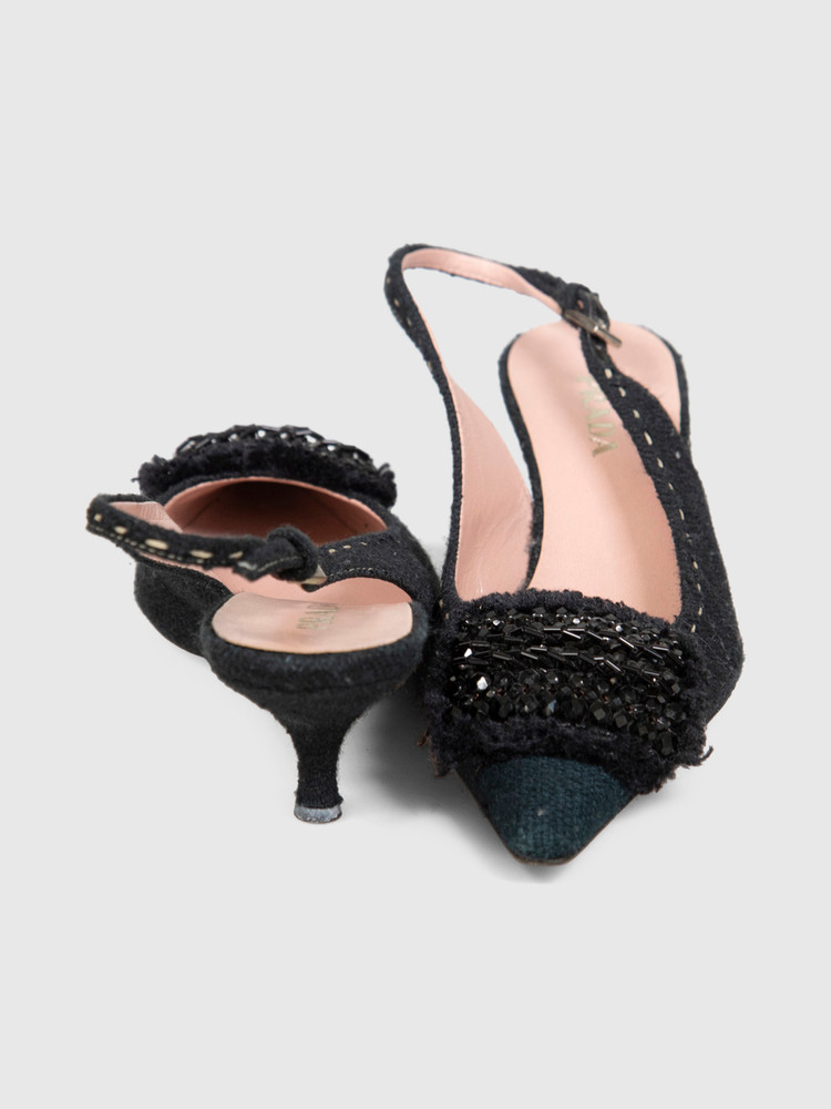 Prada Black Embellished Kitten Slingback Heels