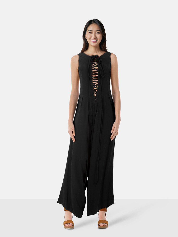 Yohji Yamamoto Black Silk Lace Up Jumpsuit