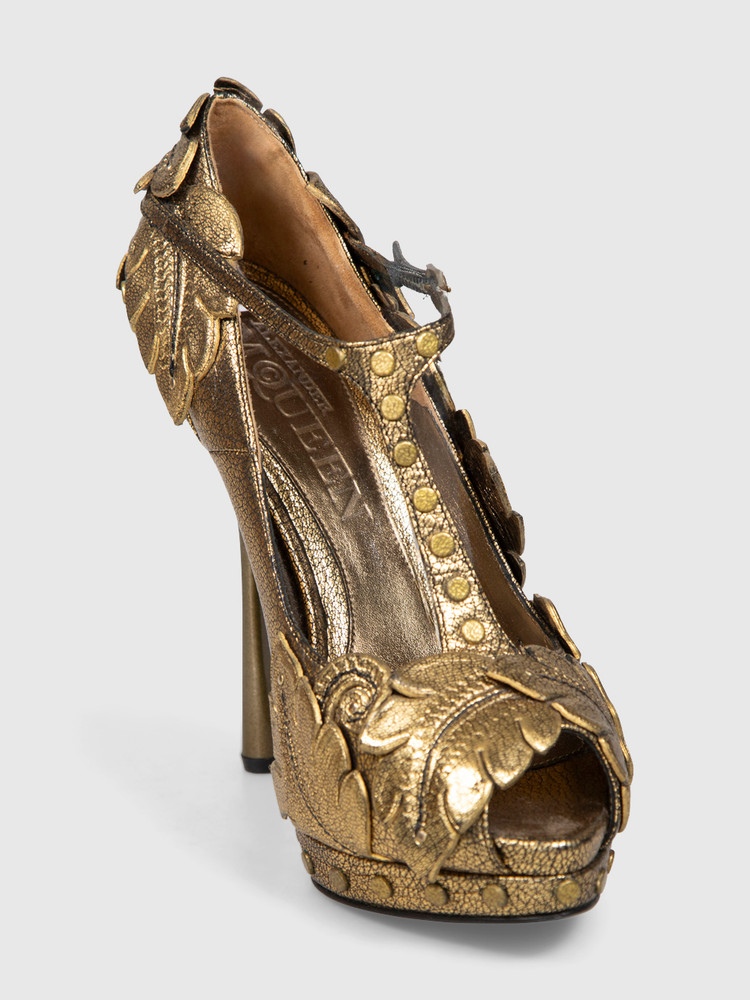 Alexander McQueen Runway Gold Leather Leaf Heels