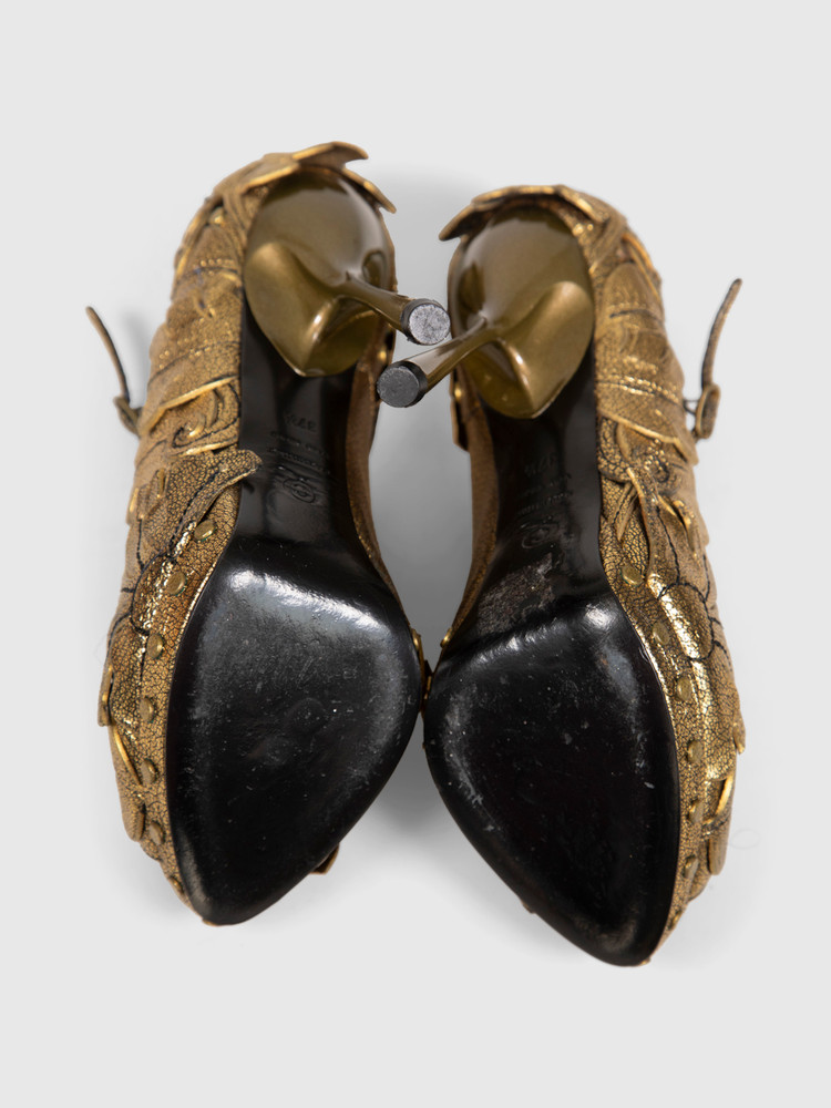 Alexander McQueen Runway Gold Leather Leaf Heels