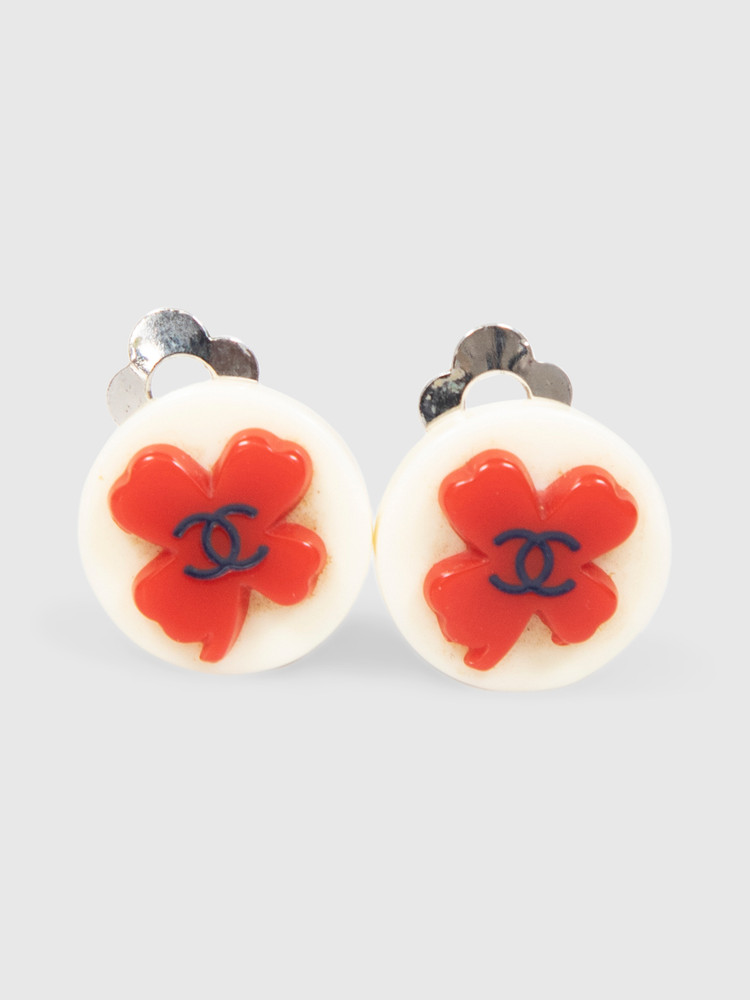 Chanel Vintage Red Four Leaf Clover Clip On Earrings