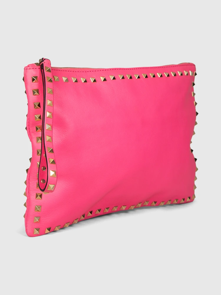 Valentino Garavani Neon Pink Rockstud Leather Clutch