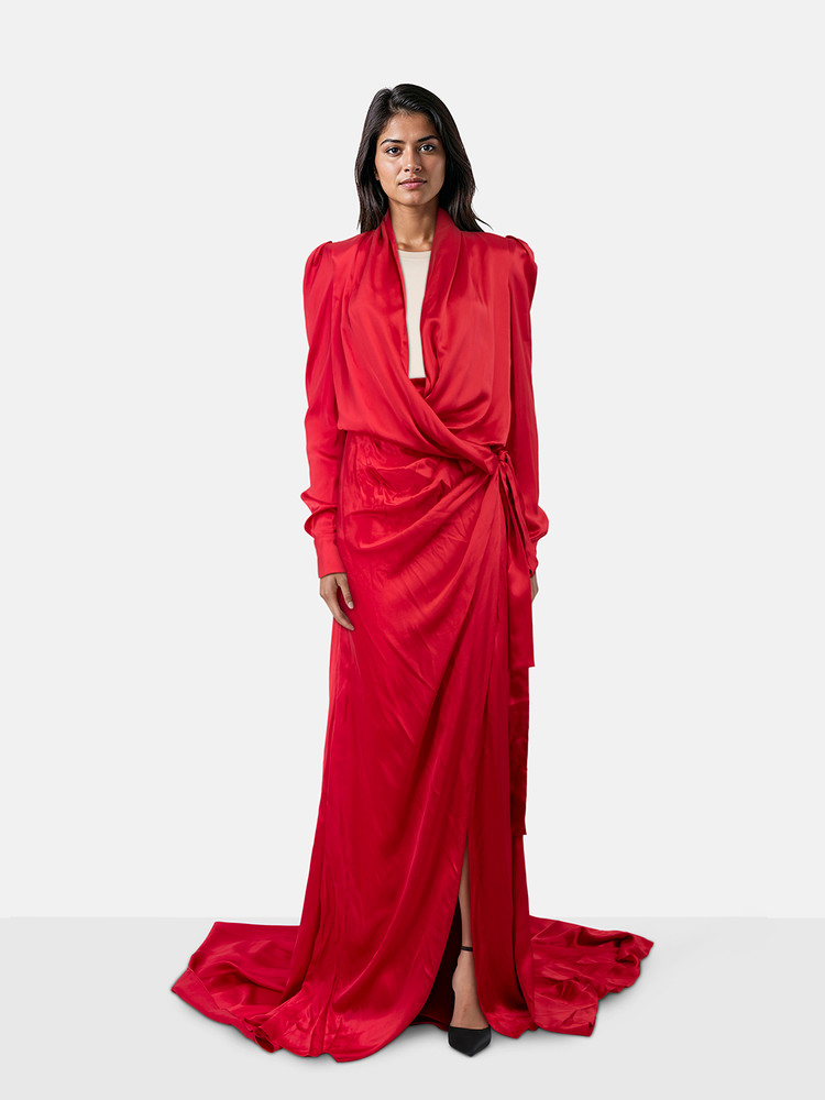 Ong-Oaj Pairam Red Silk Tammy Wrap Gown