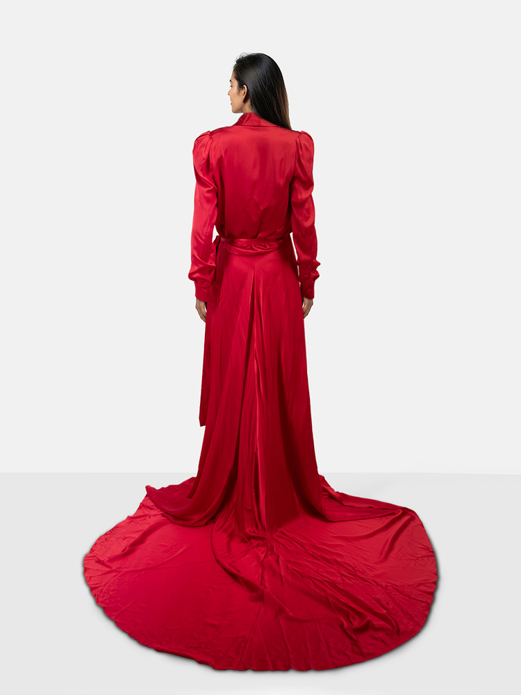 Ong-Oaj Pairam Red Silk Tammy Wrap Gown