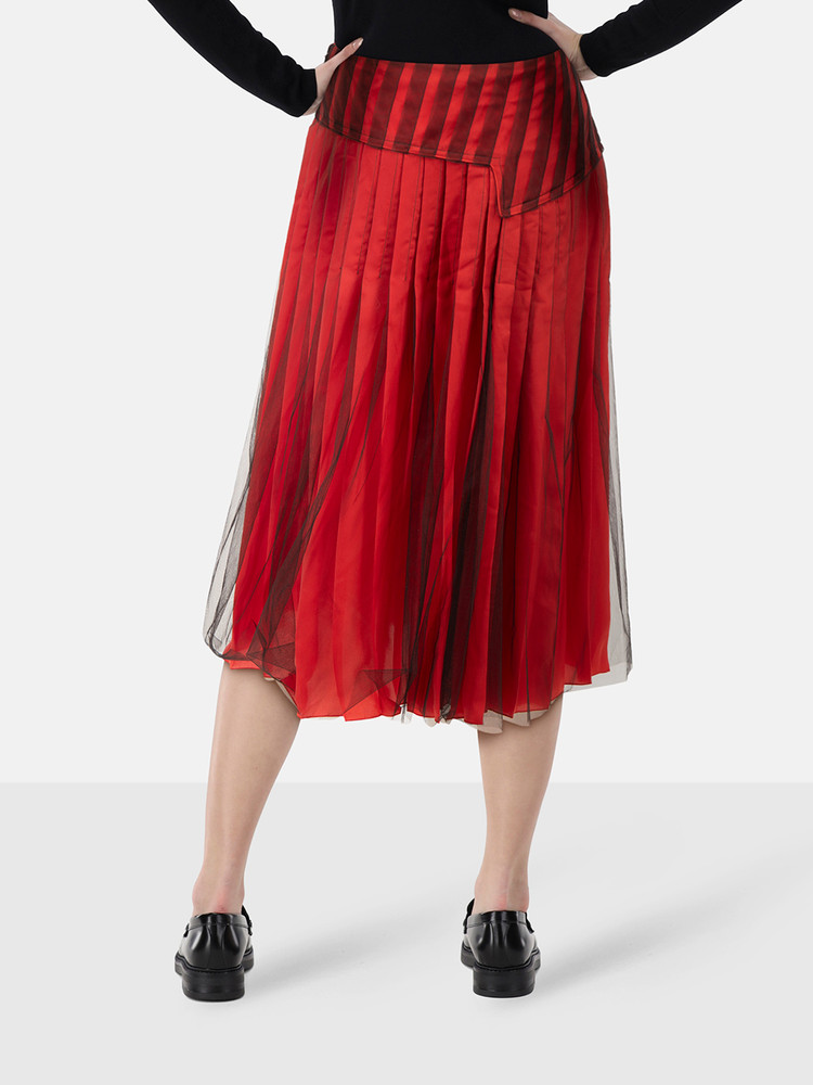Bottega Veneta Red & Black Mesh Pleated Midi Skirt