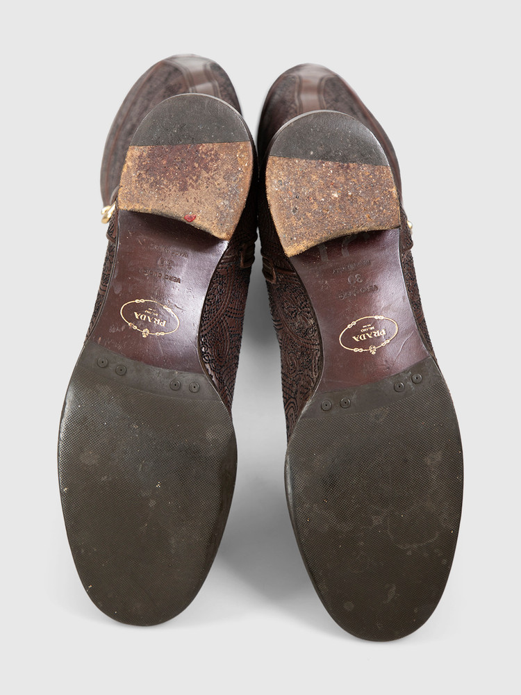 Prada Brown Leather Floral Embroidered Boots