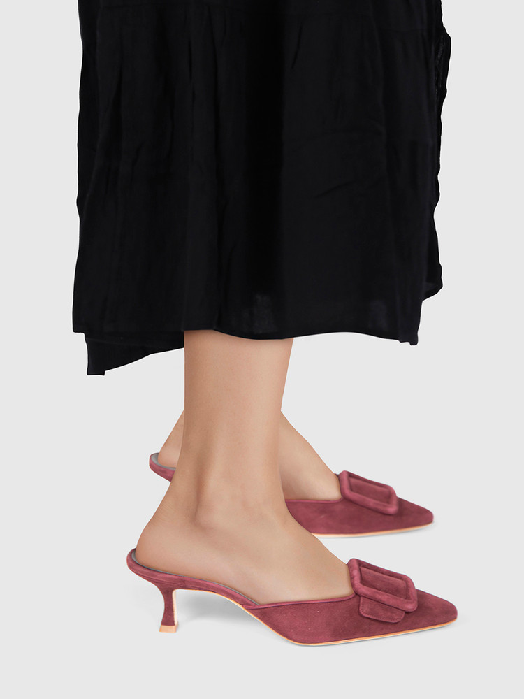 Manolo Blahnik Burgundy Suede Maysale Mules