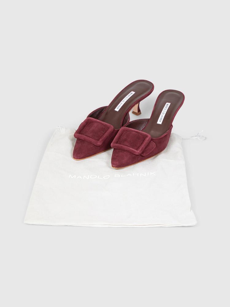 Manolo Blahnik Burgundy Suede Maysale Mules