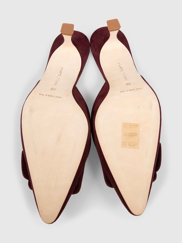 Manolo Blahnik Burgundy Suede Maysale Mules