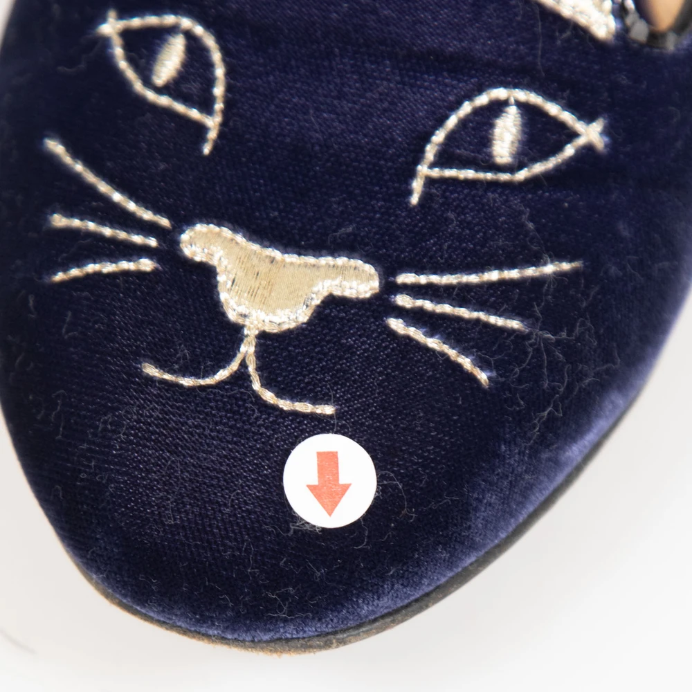 Charlotte Olympia Navy Velvet Cat Flats