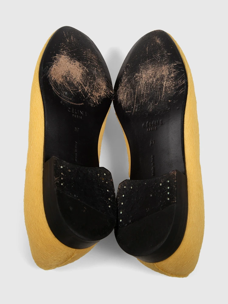 Céline Yellow Pony Hair Loafers