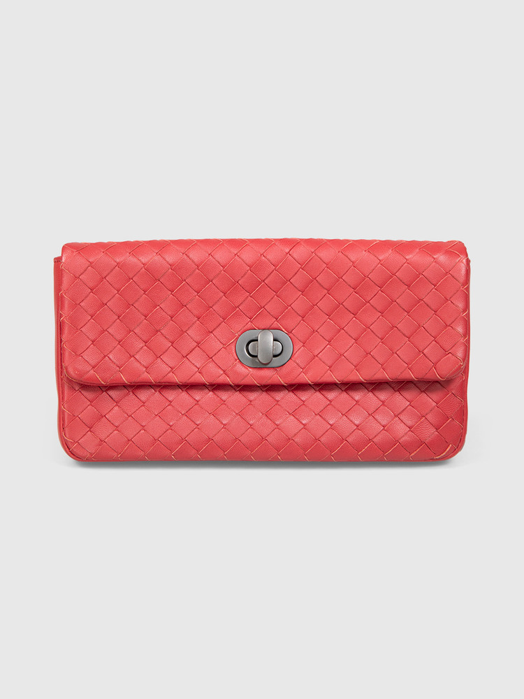 Bottega Veneta Red Leather Intrecciato Clutch