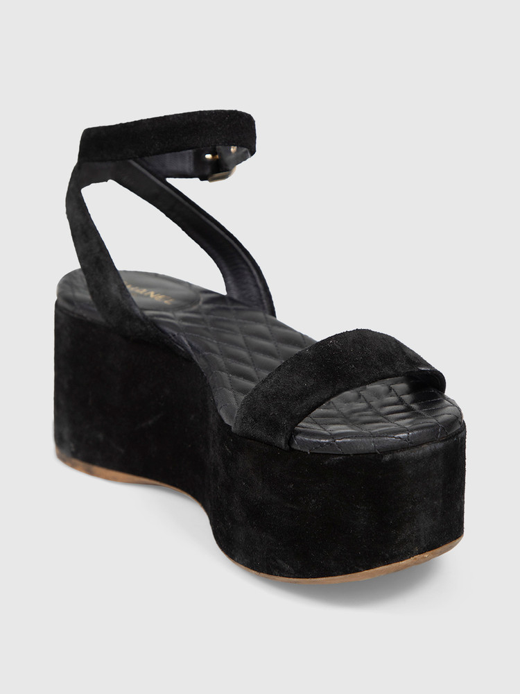Chanel 2015 Black Suede CC Wedge Sandals