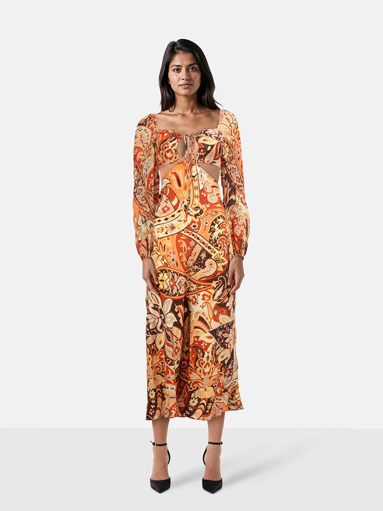 Rixo Orange Floral Cut Out Dress