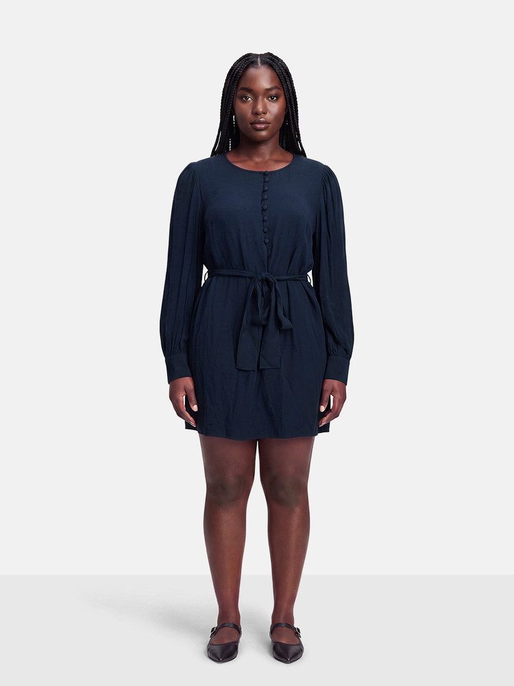 Reformation Navy Long Sleeve Belted Dress