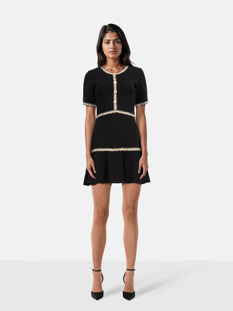 Maje Black Tweed Trim Knee Length Dress