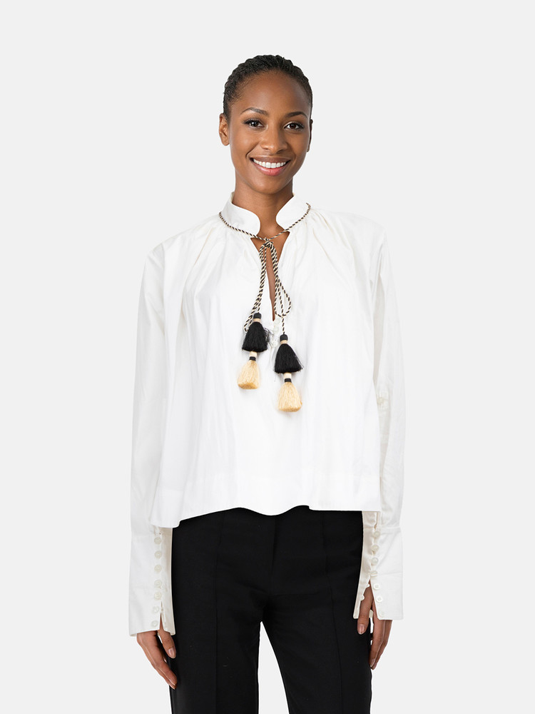 Oscar de la Renta White Poplin Tassel Blouse