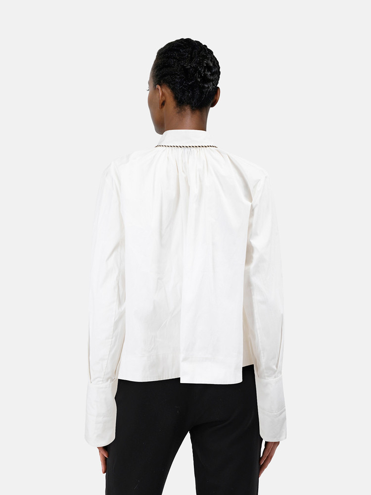 Oscar de la Renta White Poplin Tassel Blouse