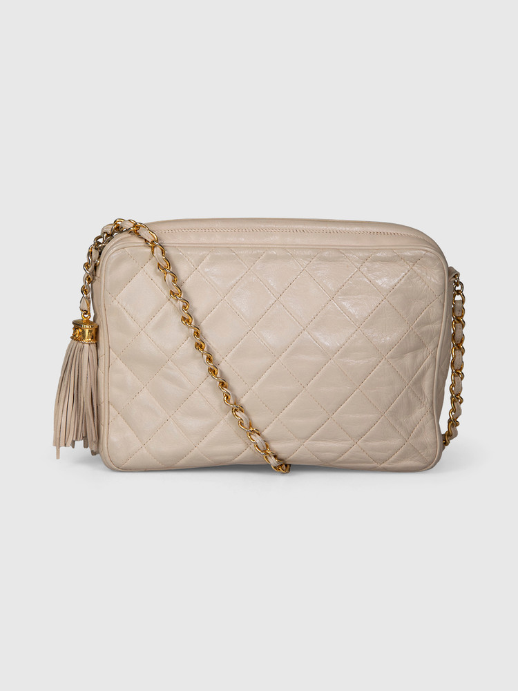 Chanel Vintage Ecru Quilted Leather Tassel Camera Bag