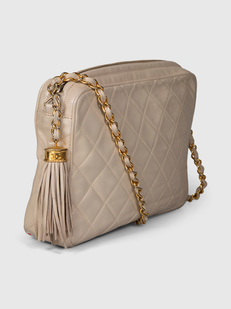 Chanel Vintage Ecru Quilted Leather Tassel Camera Bag