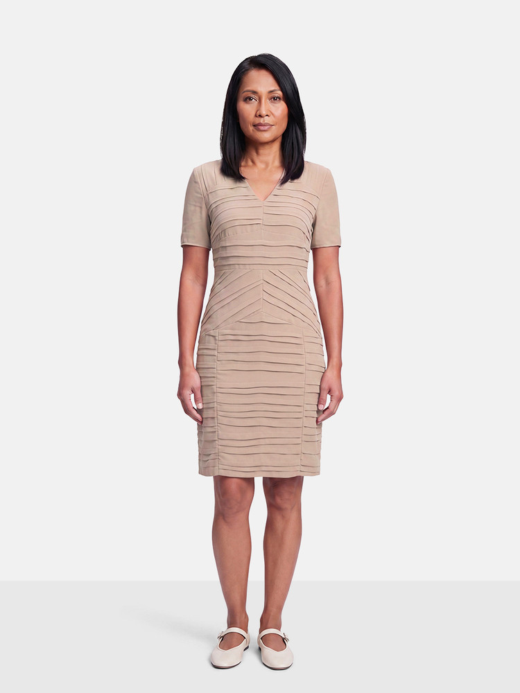 Burberry Beige Vertical Pleated Midi Dress